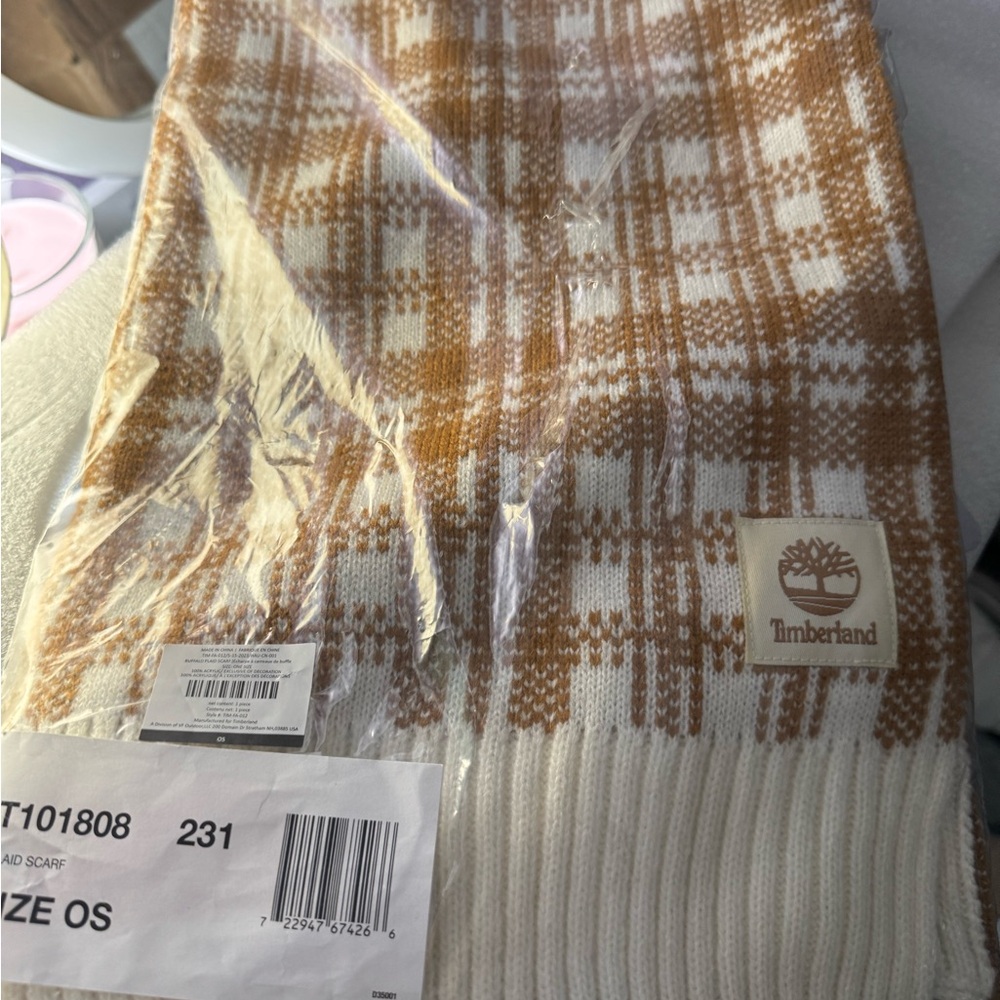 Timberland Checkered Scarf in Tan and Cream